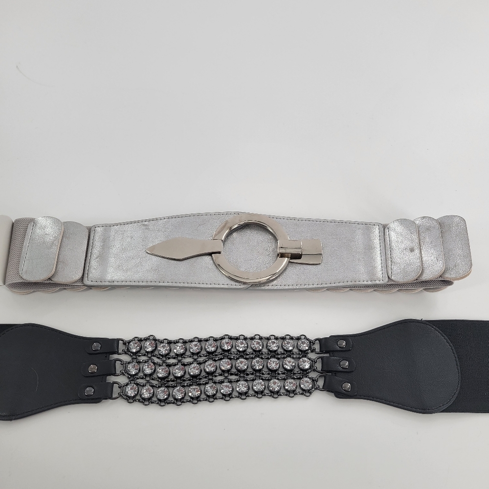 Wide Stretchy Belts Set of 2 Black Silver Silver Size S M